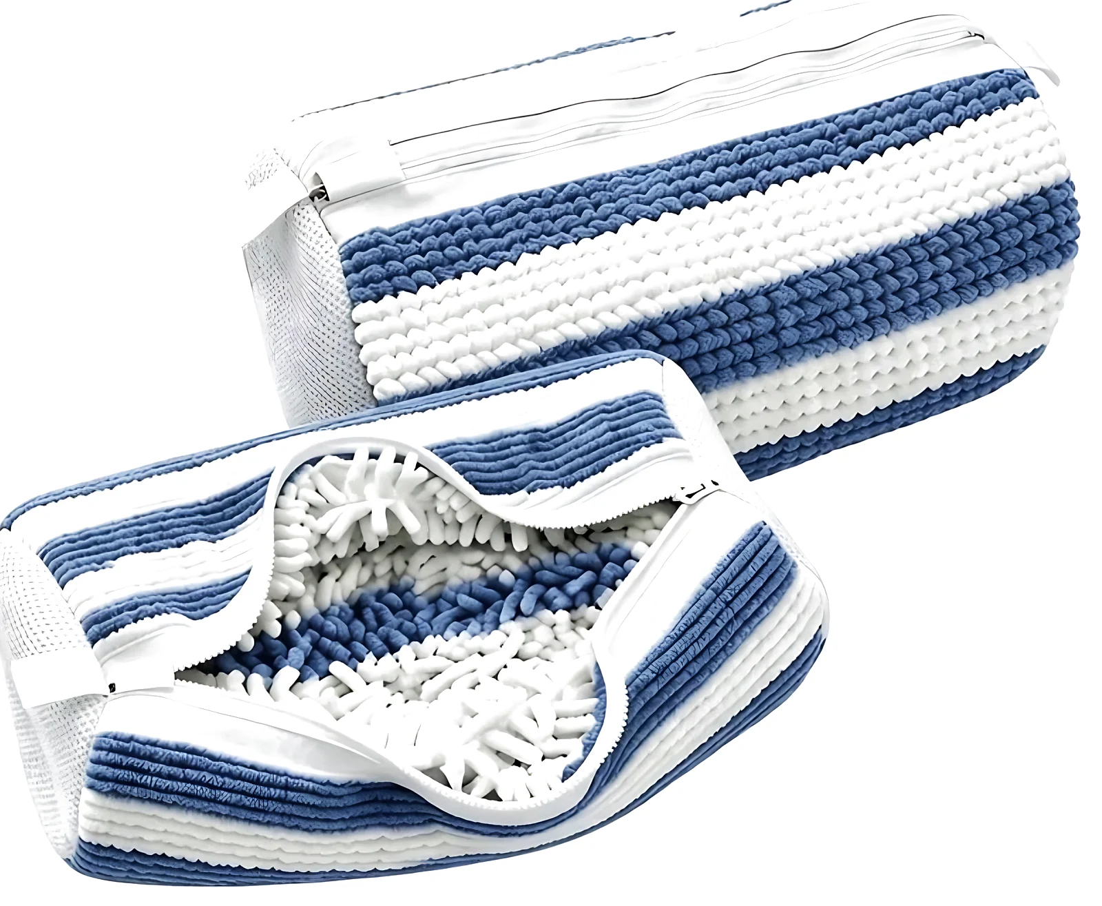 Navy Stripe SneakSuds bags, one open showing the fiber lining