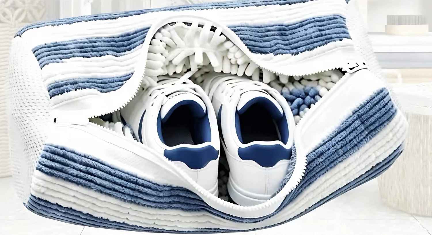 White sneakers resting inside an open navy stripe SneakSuds bag
